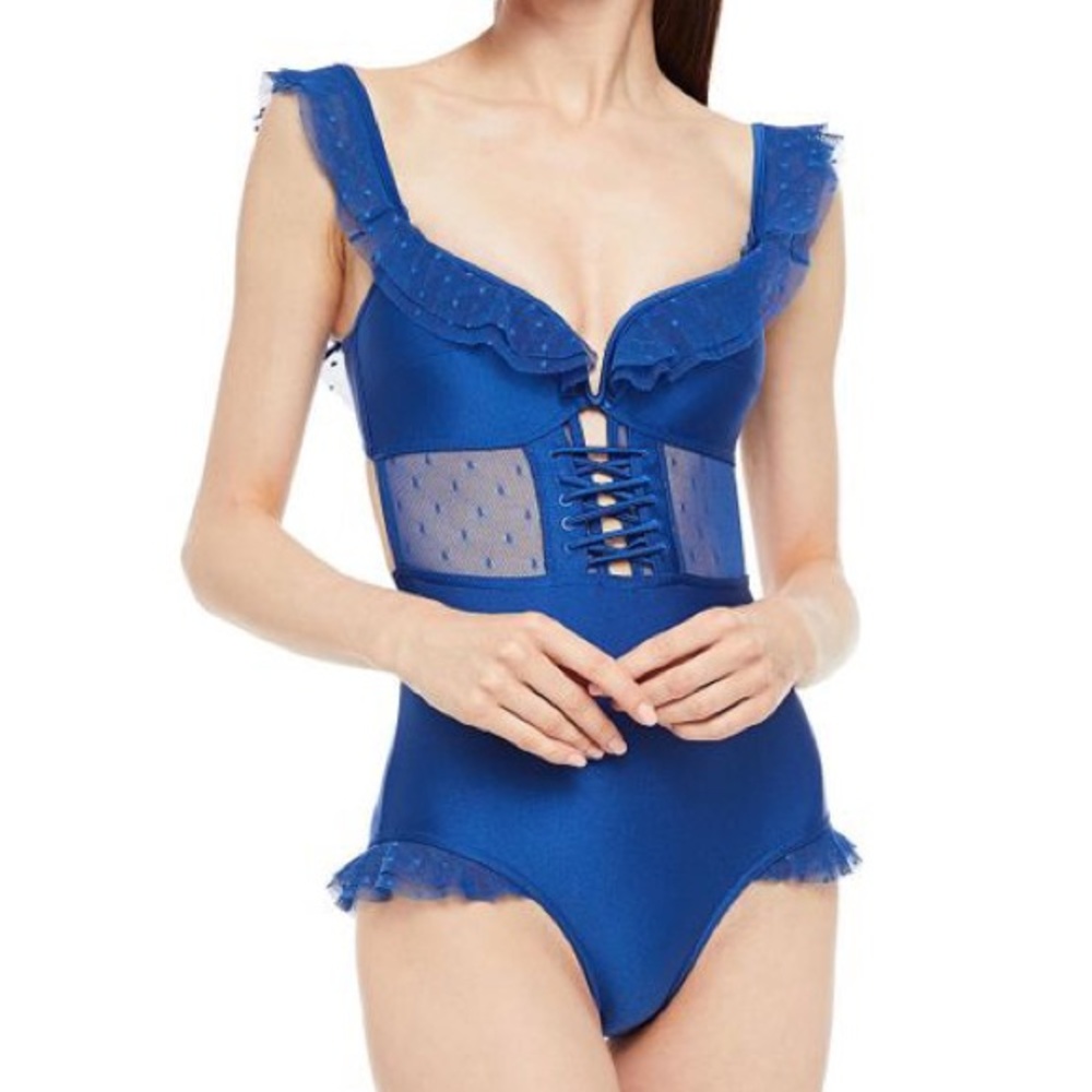 NWT Zimmermann Carnaby lace-up point d'esprit-paneled cutout swimsuit Size 1